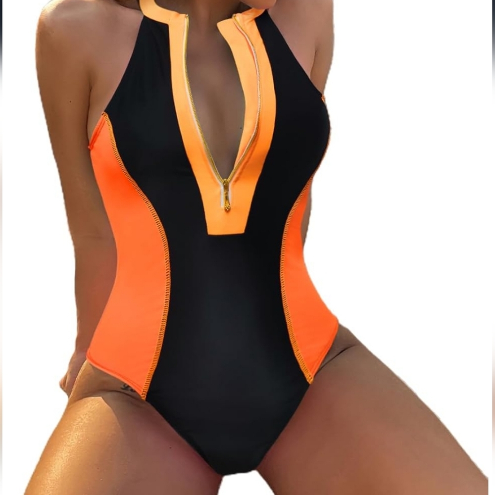 Orange and Black Women's Swimwear With Zipper